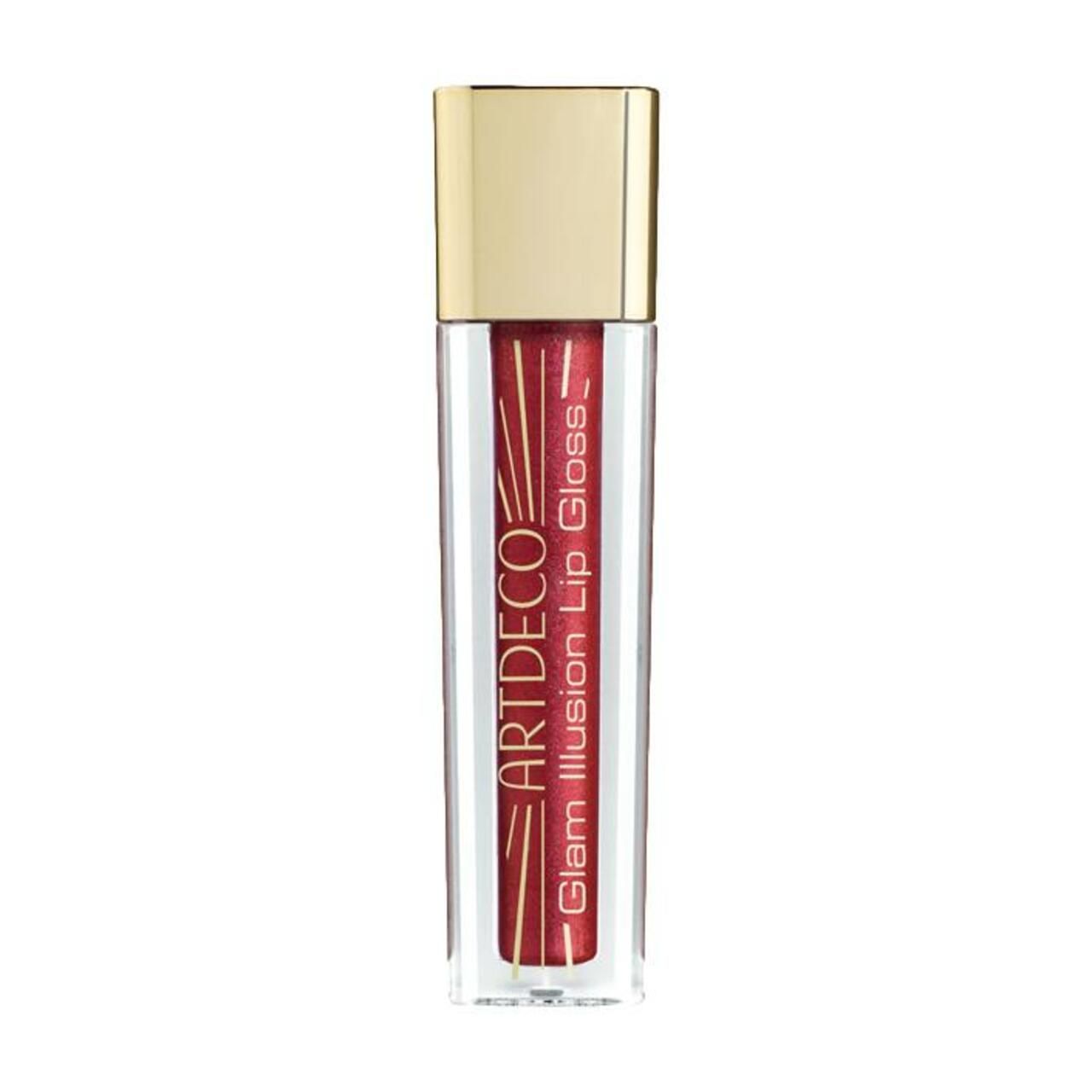 Artdeco Glam Illusion Lip Gloss. Transparente Tube mit goldenem Deckel. Roter Lipgloss sichtbar. Schriftzug.