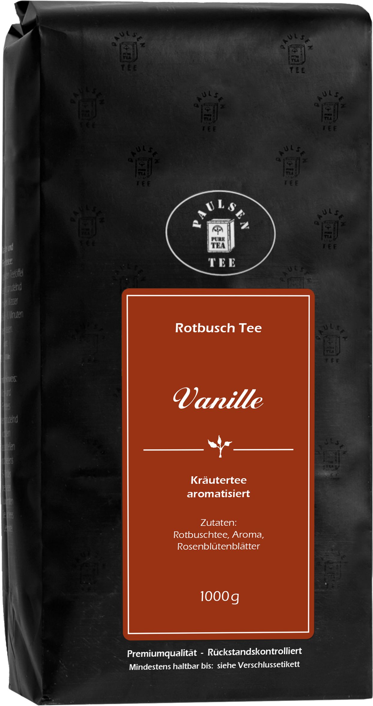Schwarze Verpackung mit Paulsen-Logo und rotem Etikett. Aufschrift: Vanille, Rotbusch Tee, Kräutertee aromatisiert. 1000g.