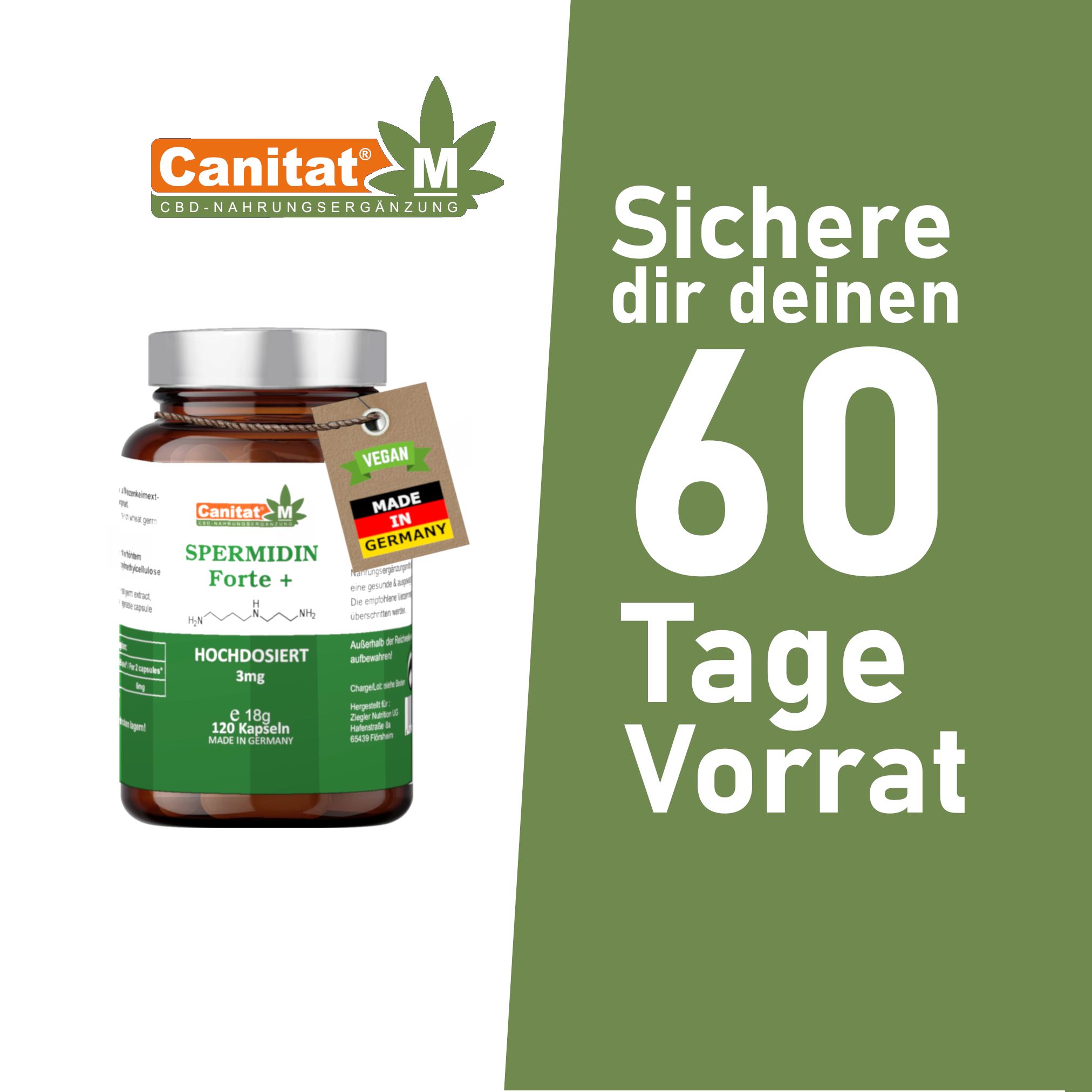 Produktflasche mit Text: Sichere dir deinen 60 Tage Vorrat. Vegan-Logo und Made in Germany. Grüner Hintergrund.