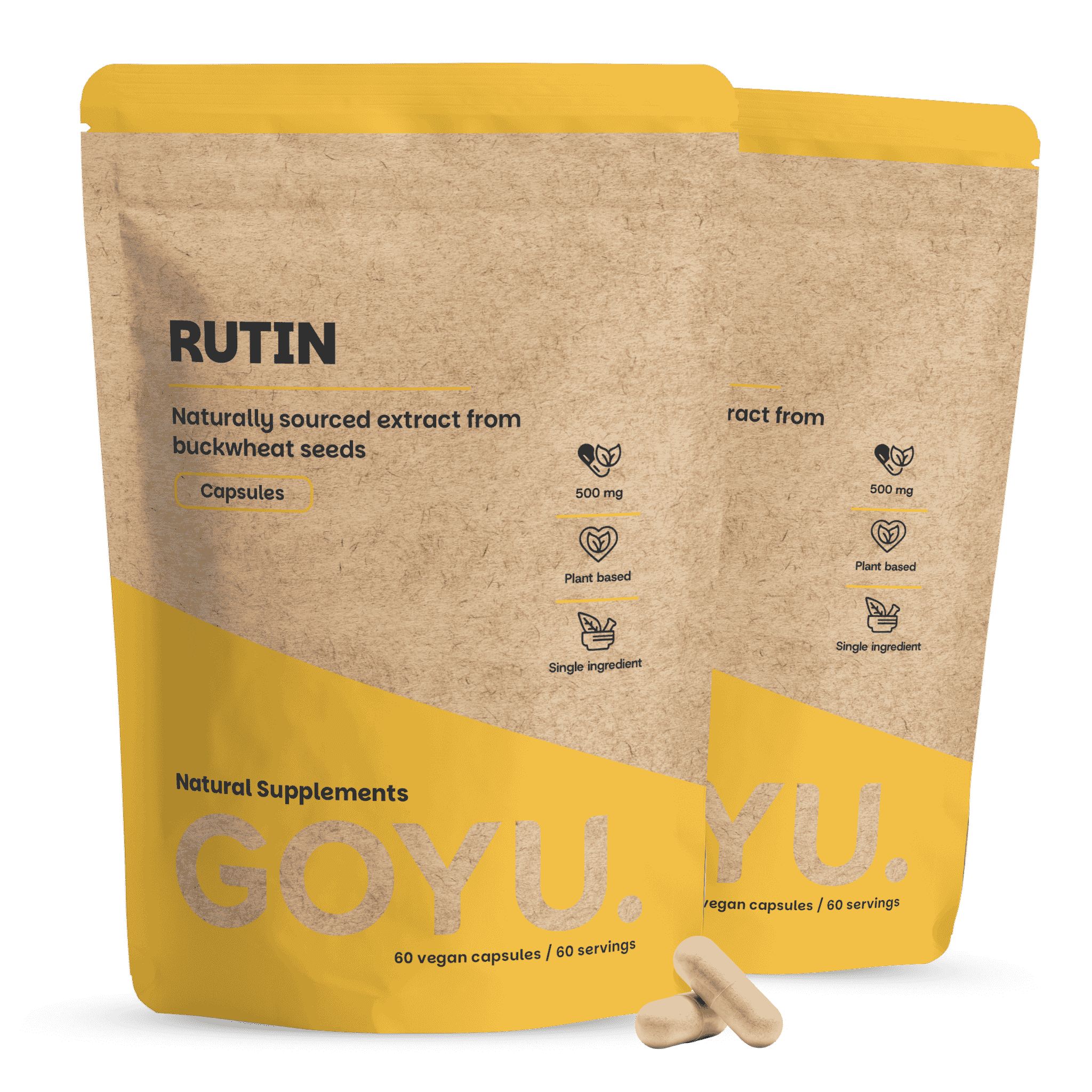 Zwei braune Beutel mit Rutin-Kapseln, 500 mg, pflanzlich, Einzelzutat.