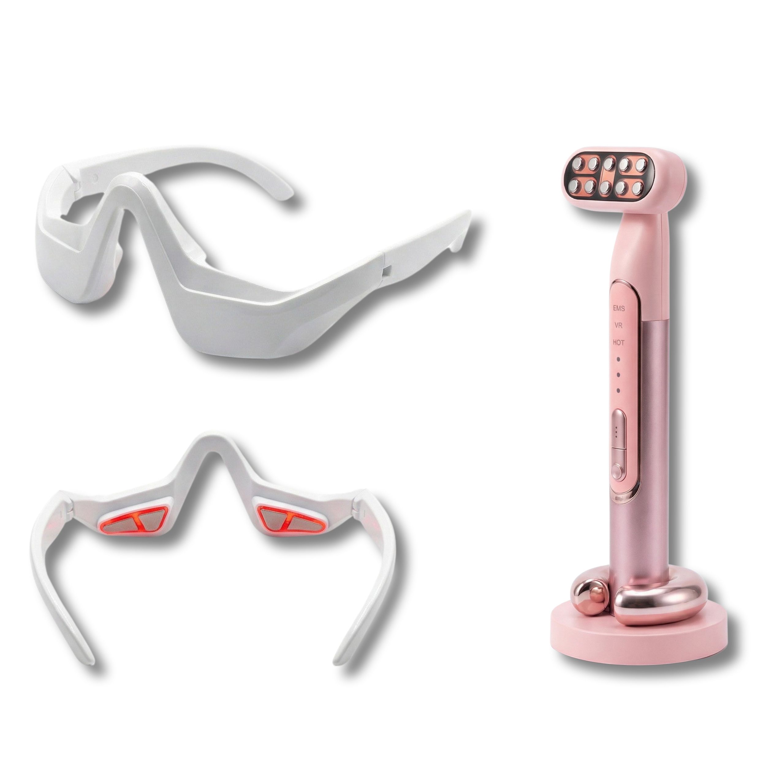Ein rosa RF EMS LED Anti-Aging-Gerät mit Ladebasis und eine weiße Augenmaske.