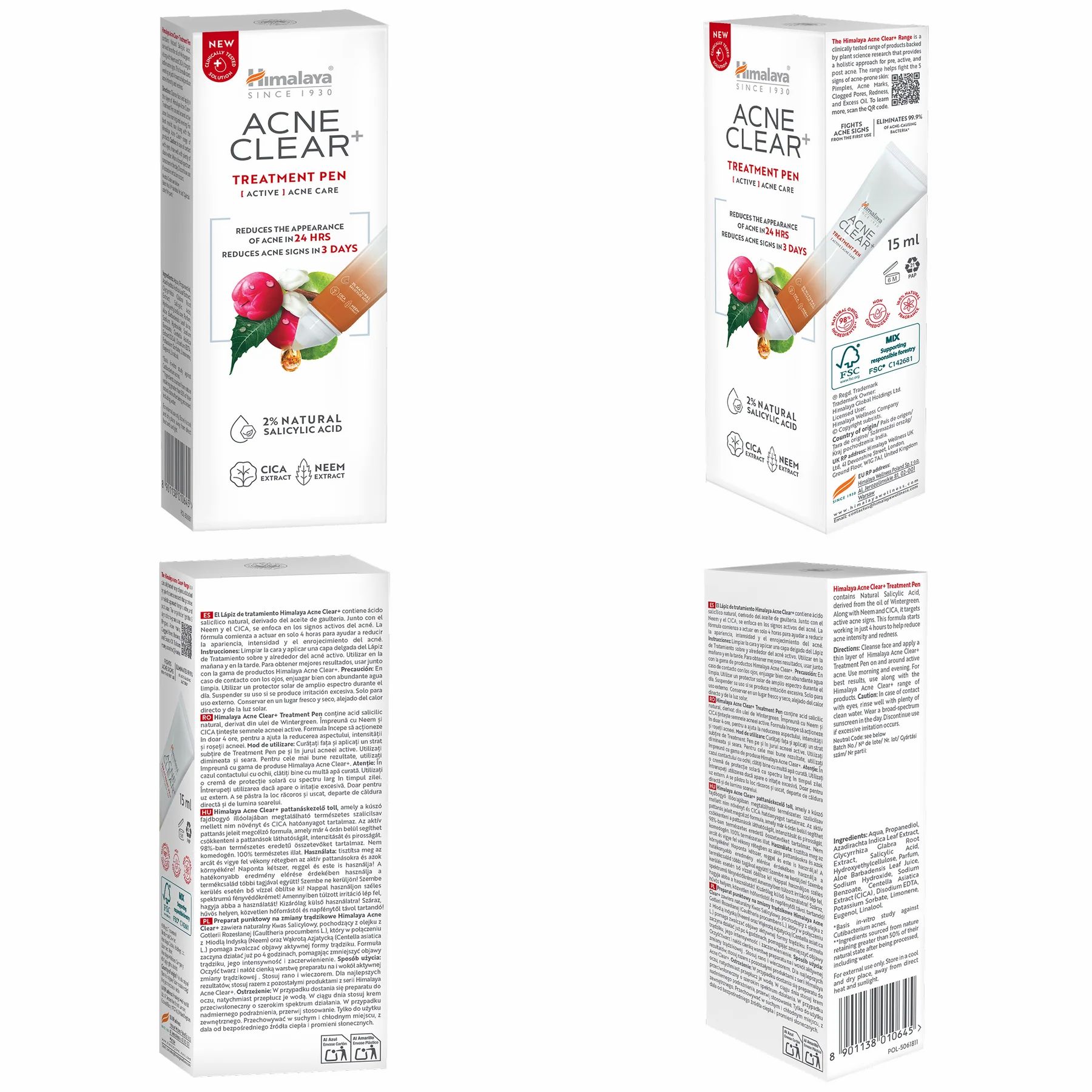 Mehrere Ansichten der Himalaya Acne Clear Treatment Pen Verpackung. Text auf Verpackung sichtbar.