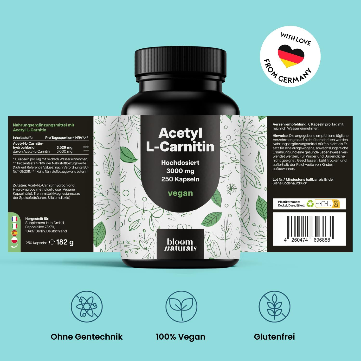 Produktflasche mit Etikett. Text: Acetyl L-Carnitin, 3000 mg, 250 Kapseln, vegan. Marke: bloom naturals. Mit Liebe aus Deutschland.