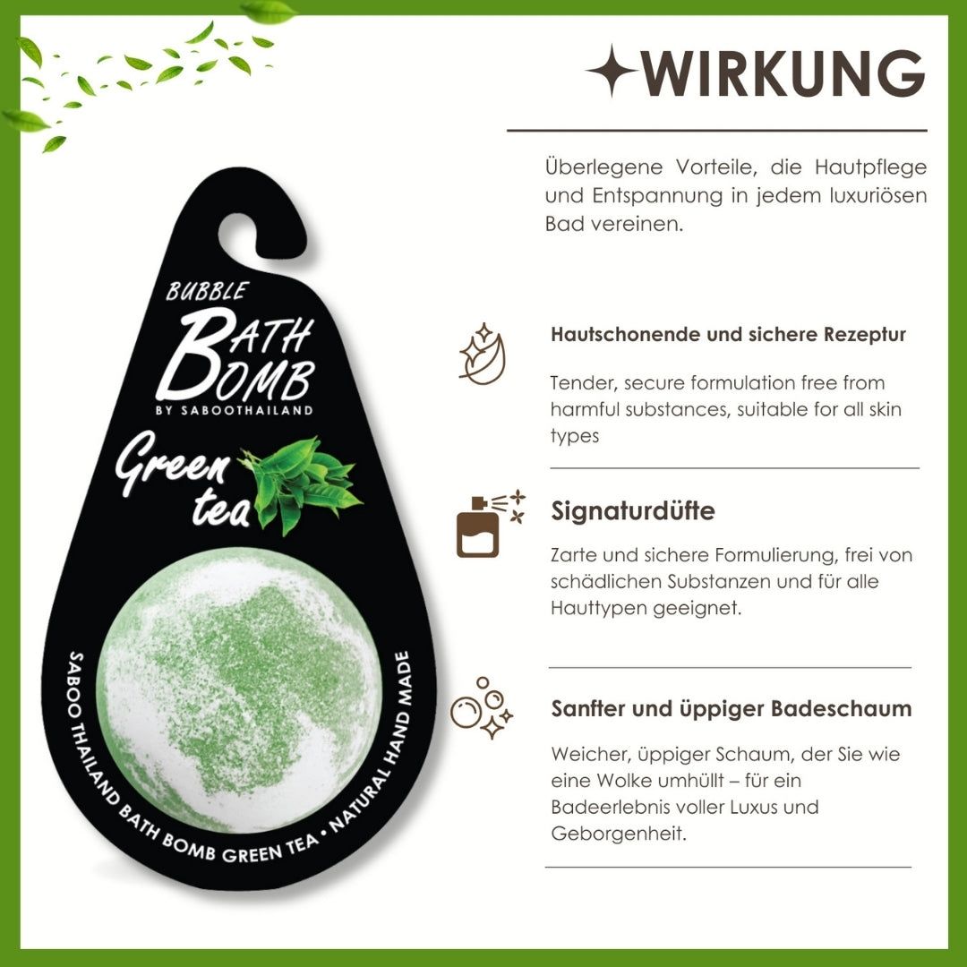 Produkt-Anhänger mit grüner Tee Bad Bombe. Runde Form, grüne Farbe. Text: Natural Hand Made.