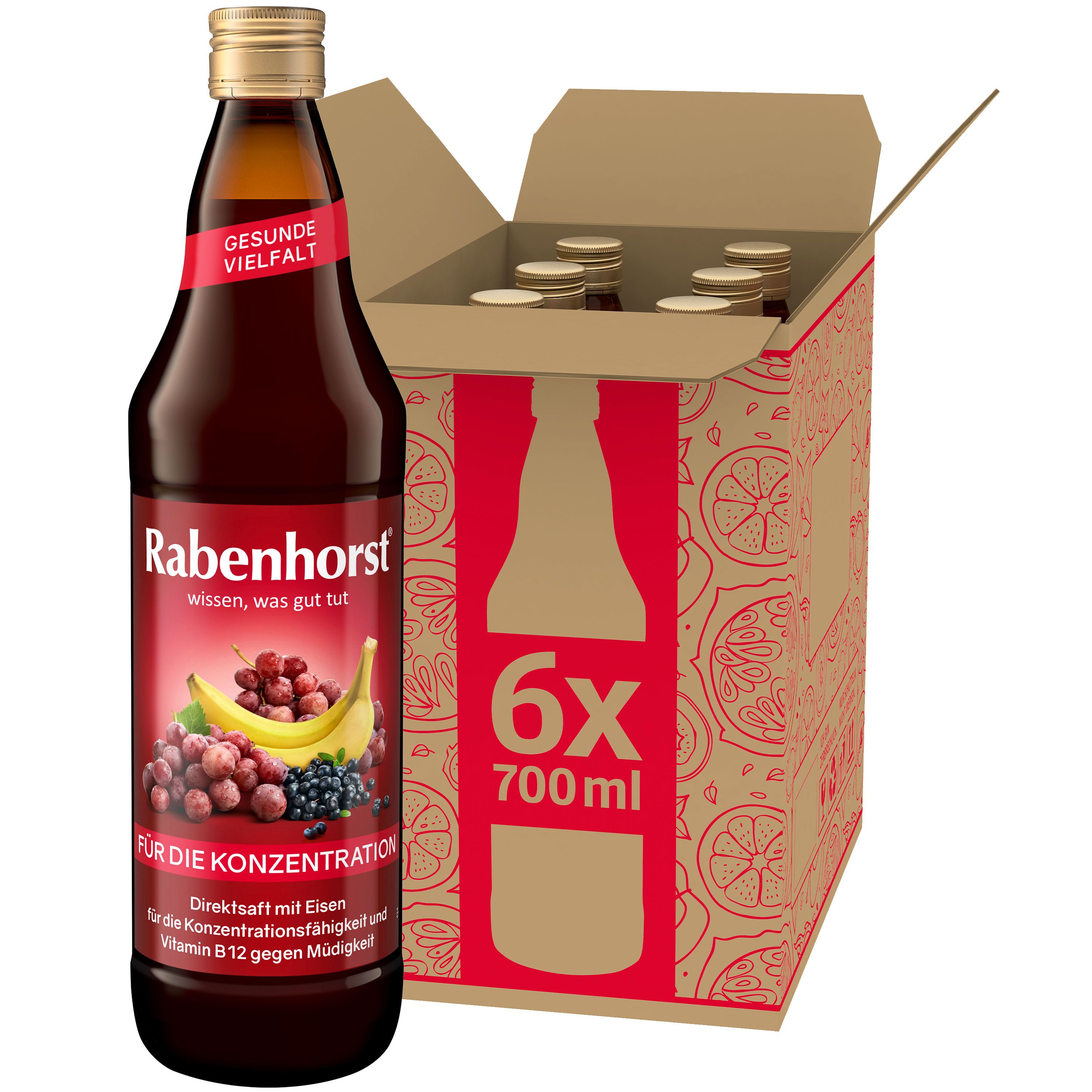 Glasflasche Rabenhorst Für die Konzentration, 700ml. Rote Etikett mit Früchten. Karton mit 6 Flaschen.
