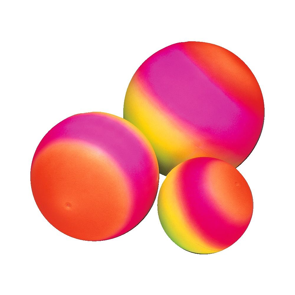 Drei farbige Bälle. Farben: Orange, Pink, Gelb. Unterschiedliche Größen. Oberfläche glatt.