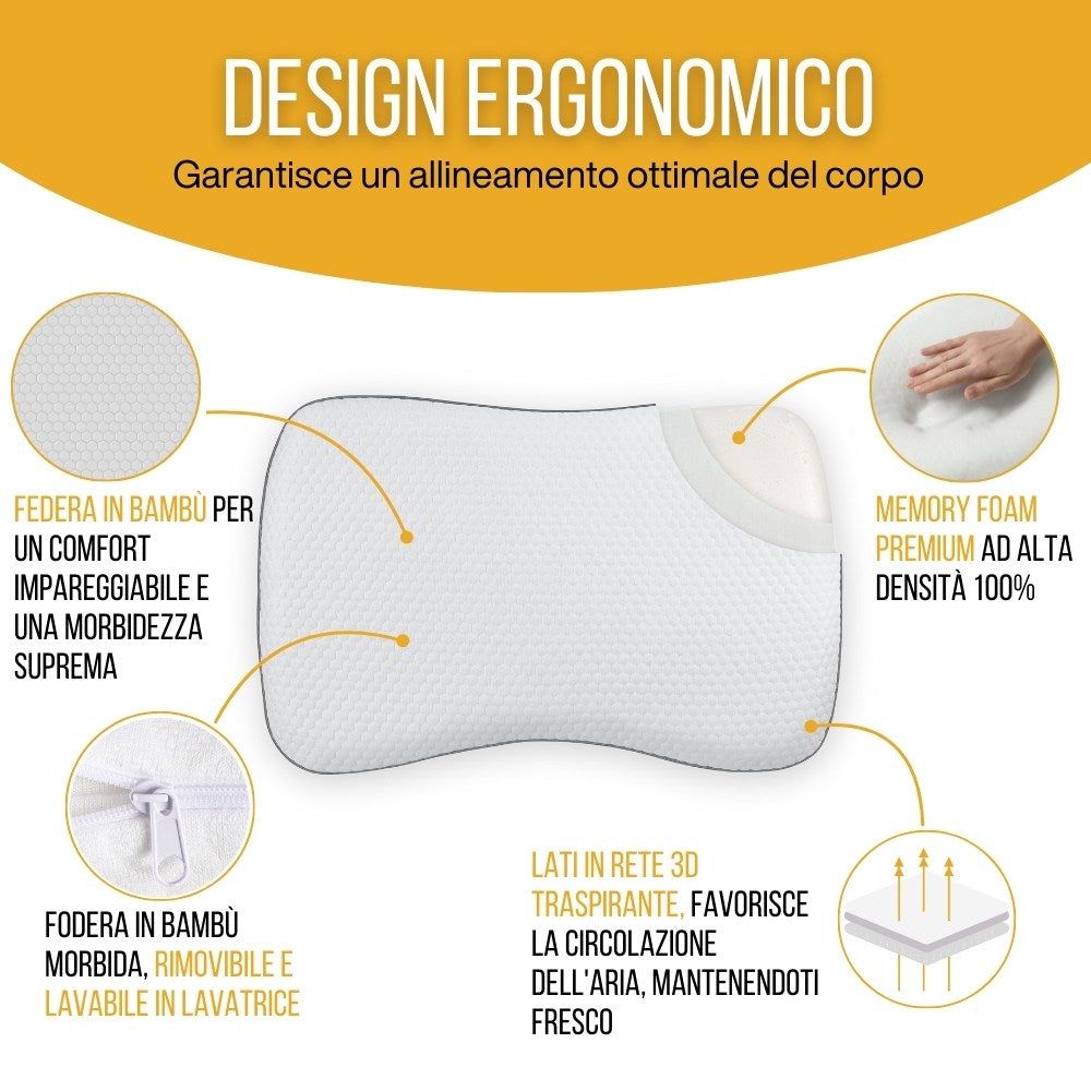 Donna con cuscino. Etichette: mal di schiena, comfort delle spalle, sonno ristoratore.