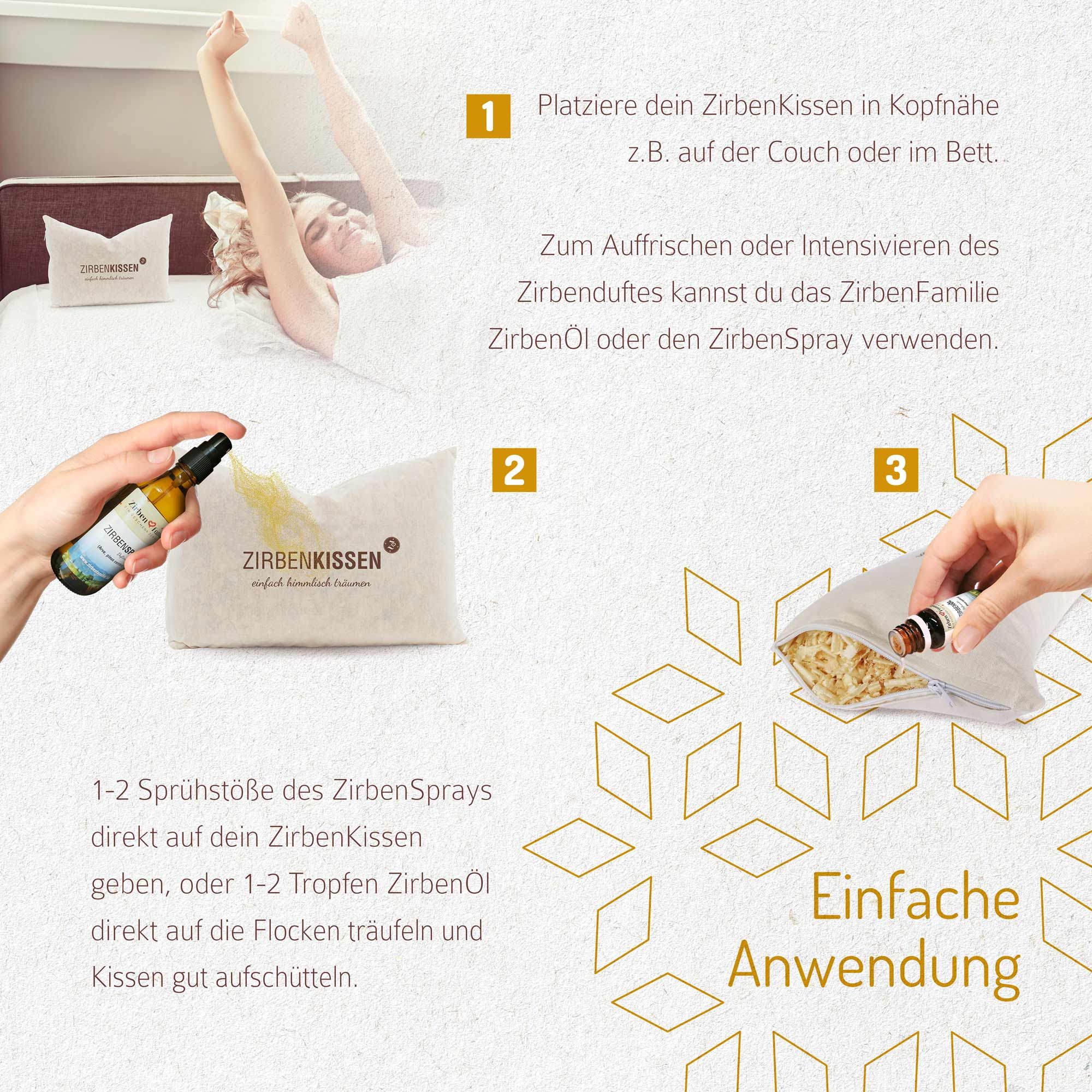 Anwendungsbeispiele. Kissen. Sprayflasche. Ölflasche. Text: Einfache Anwendung. Kissen mit Text.