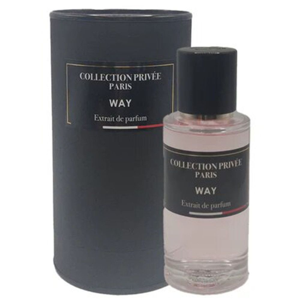 Schwarze Flasche mit rosa Flüssigkeit und schwarzem Deckel. Daneben die zylindrische Verpackung. Aufschrift: "COLLECTION PRIVÉE PARIS", "WAY".