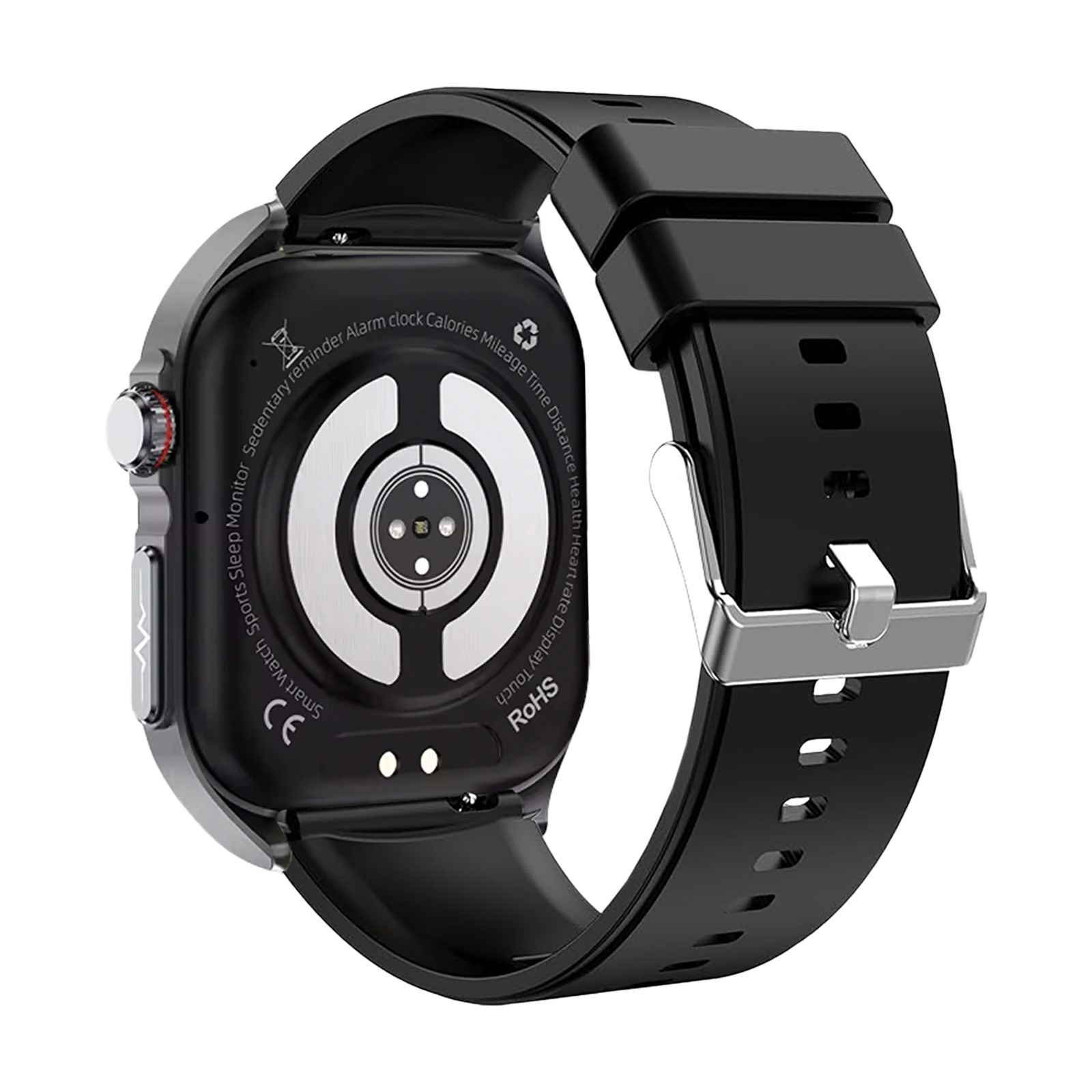 Rückseite einer Smartwatch. Schwarzes Armband, silberfarbenes Gehäuse. Sensoren, CE-Zeichen, RoHS-Logo.
