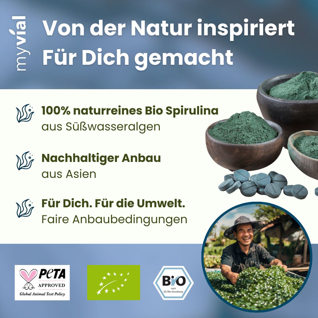 myvial® Bio Spirulina Pulver - 250 g mit Phycocyanin & Chlorophyll - vegan & laborgeprüft