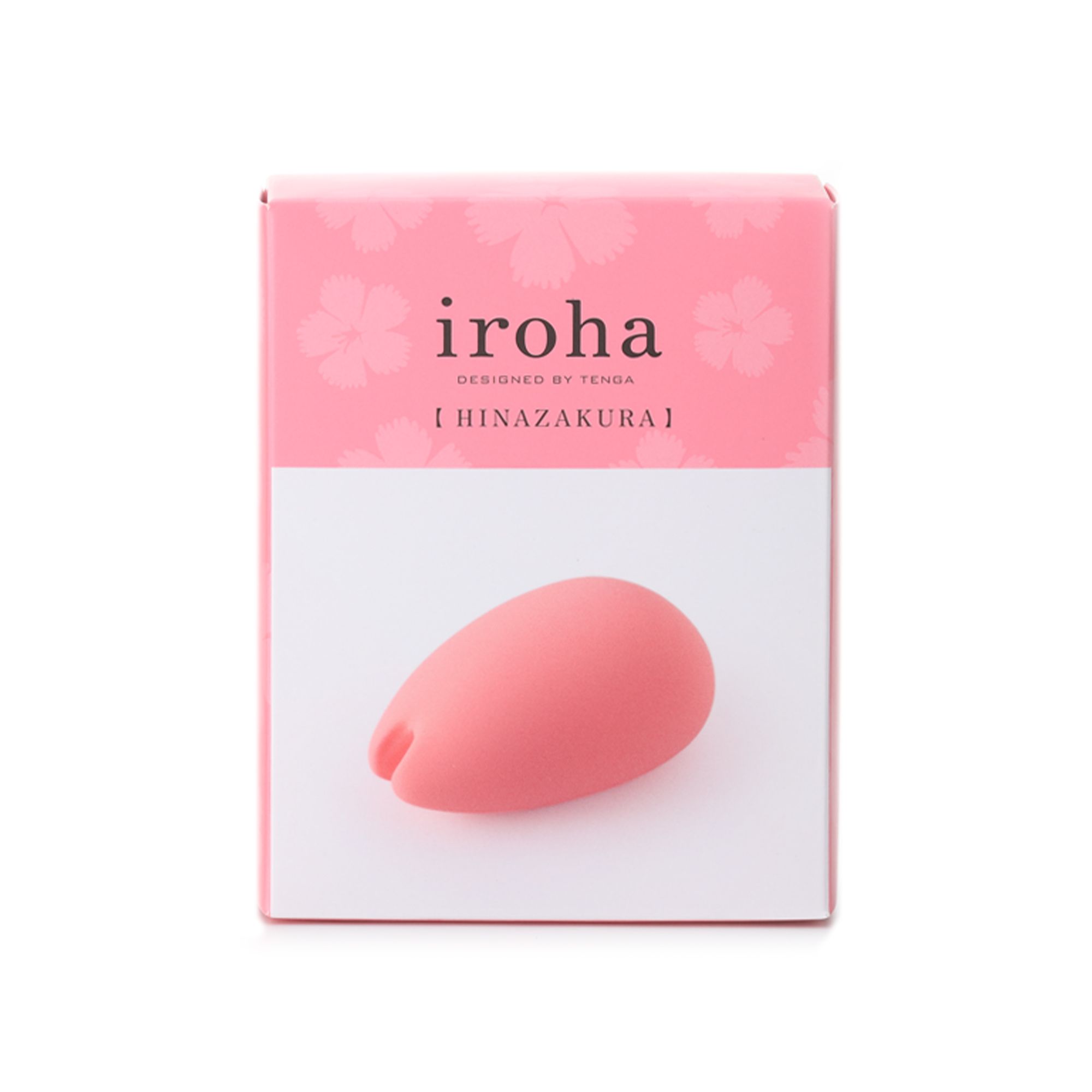 Rosa Produkt in Verpackung. Oben: "iroha" und "DESIGNED BY TENGA". Unten: Rosa Produkt in weißem Feld. Kirschblütenmuster.