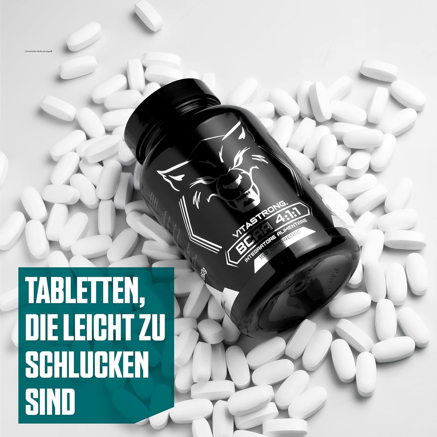 Vitastrong BCAA 4:1:1, 150 Tabletten. Tabletten liegen um die Flasche herum. Text: Tabletten sind leicht zu schlucken.