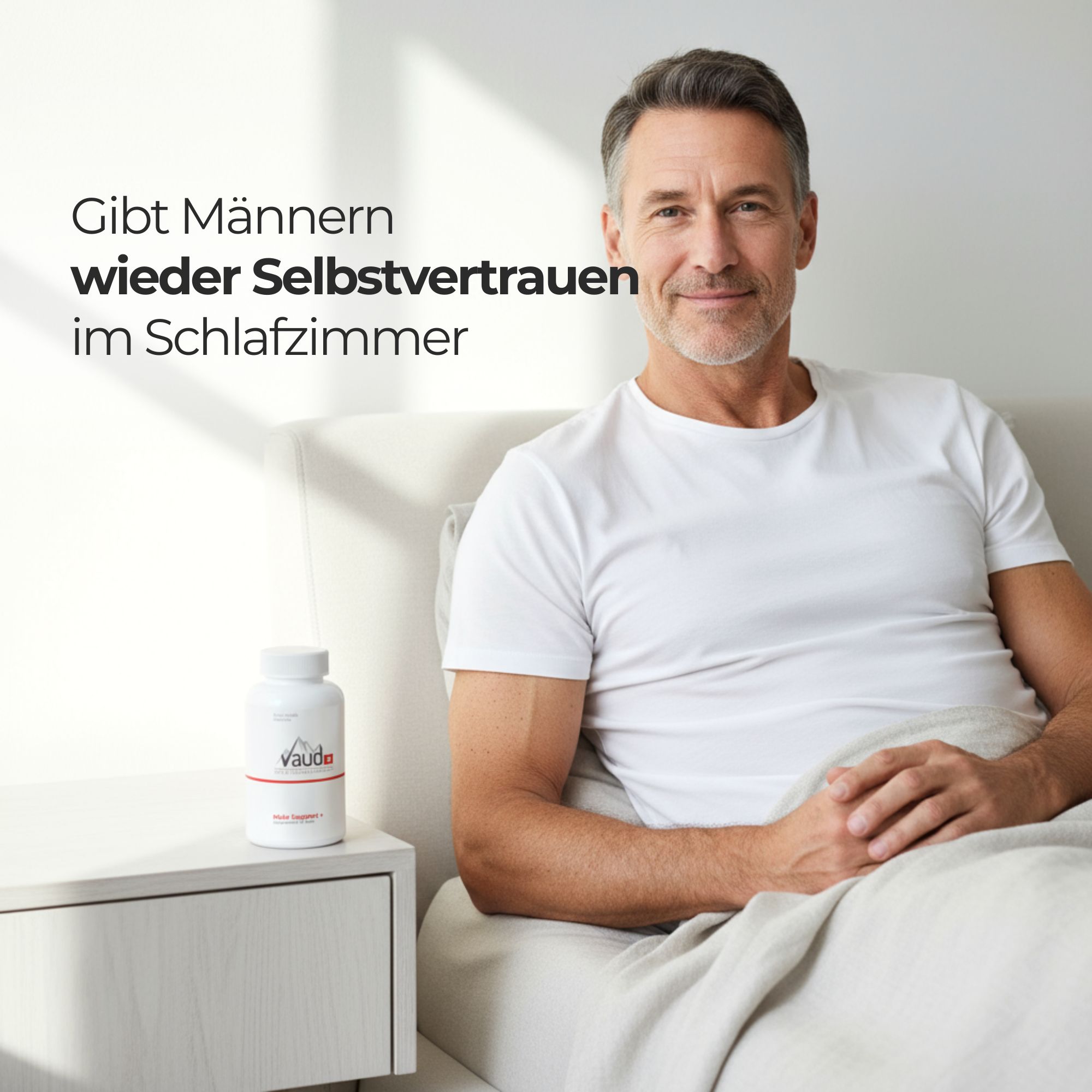 Kapseln auf weißem Grund. Text: 92% empfehlen Male Support. GMP, Lab getestet, Swiss Made.