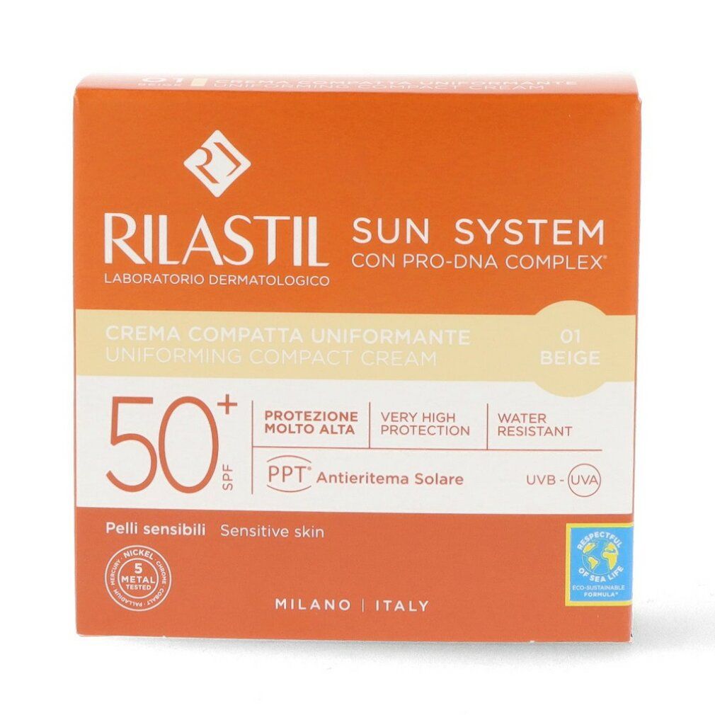 Karton RILASTIL® Sun System. Text, SPF 50+, Beige. Draufsicht.