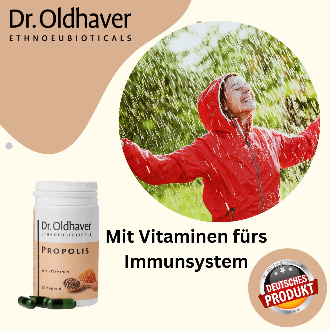 Produktabbildung: Dr. Oldhaver Propolis Kapseln. Text: Mit Vitaminen fürs Immunsystem. Deutsches Produkt-Siegel. Frau im Regen.