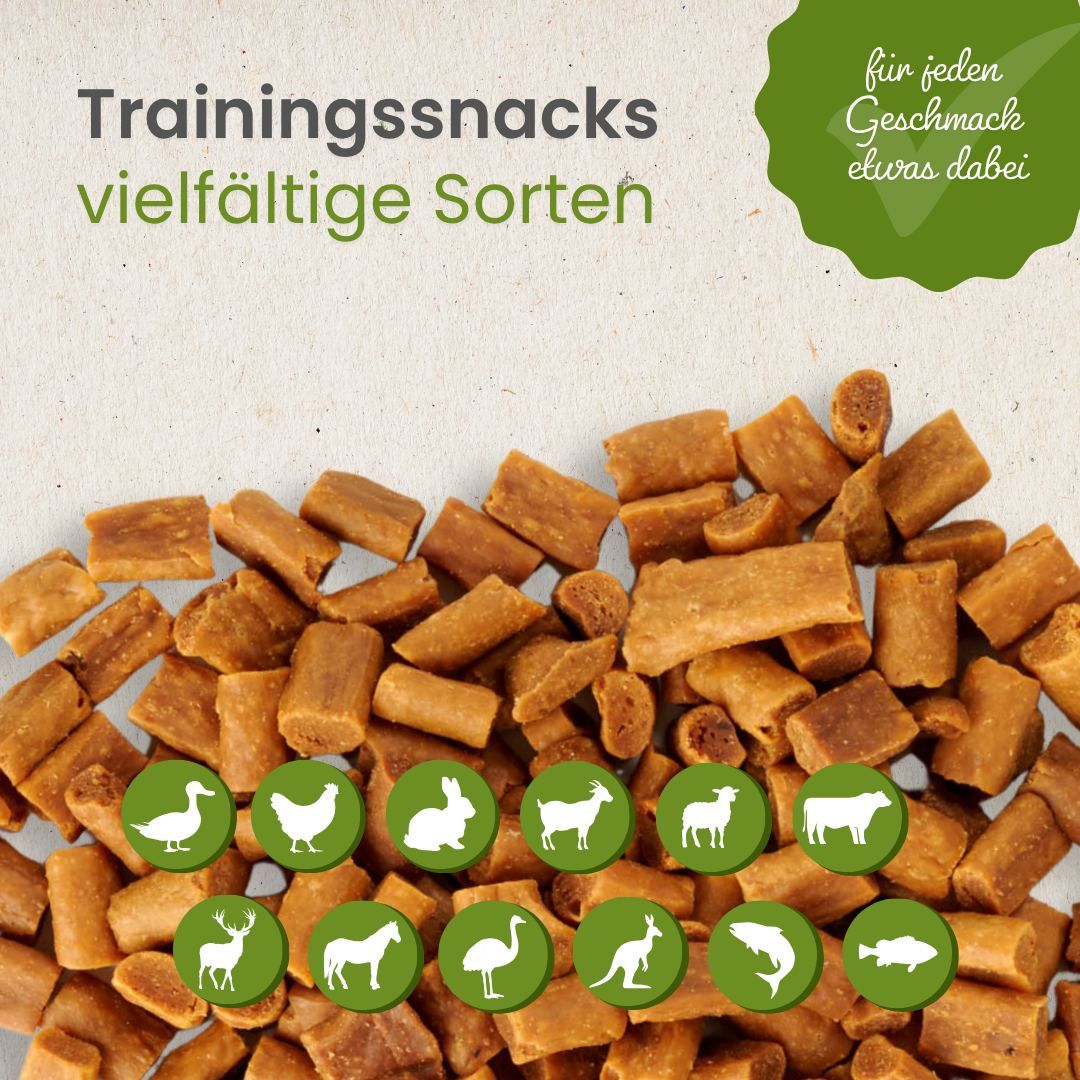 Hundeleckerli-Mix mit verschiedenen Sorten, präsentiert auf einem Baumstumpf.