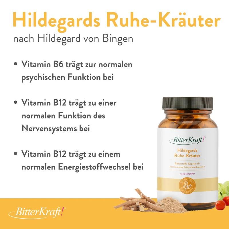 Produktflasche neben Text. Text beschreibt Vorteile. Kräuter und Pulver neben der Flasche. "BitterKraft!" Logo unten links.