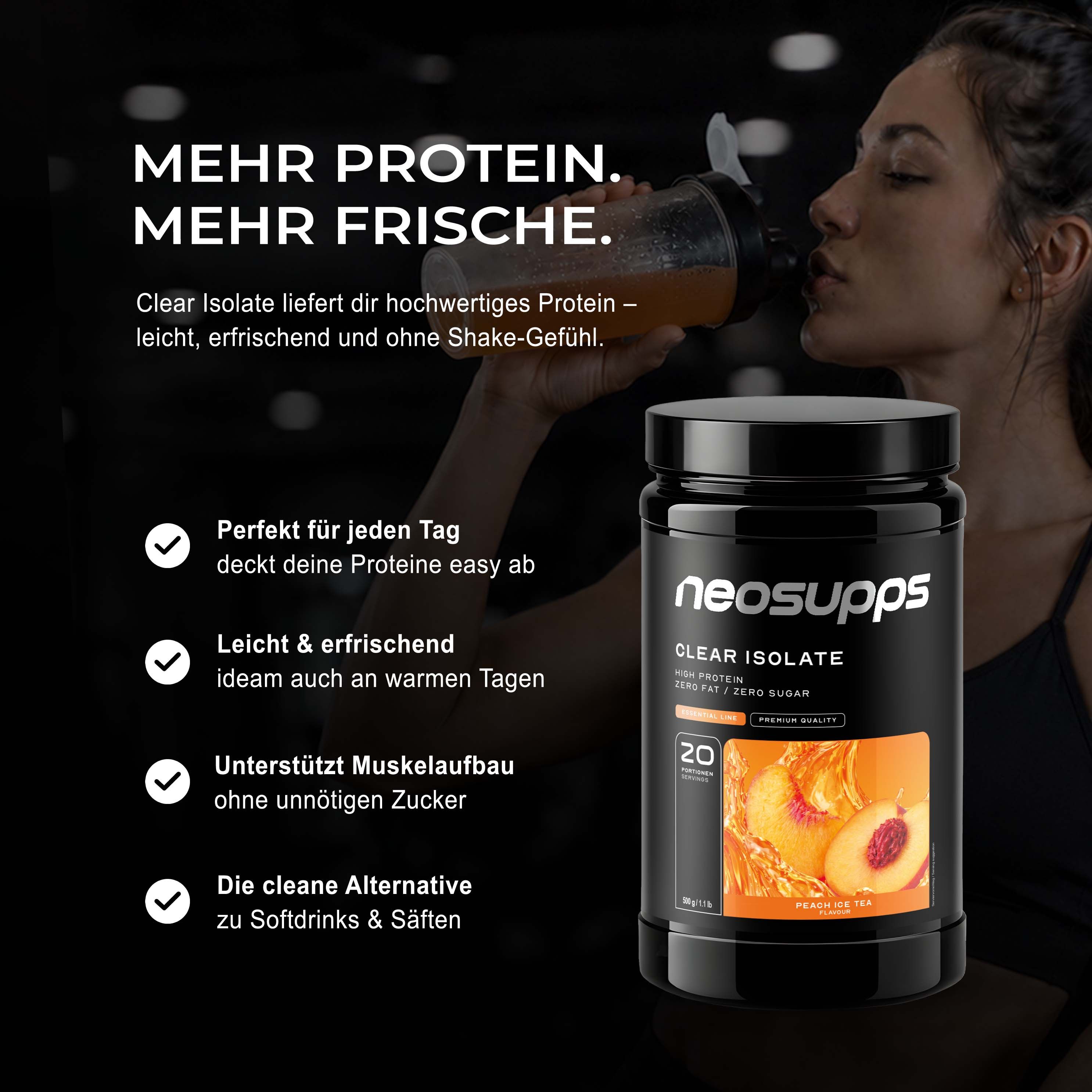 Neosupps Clear Whey Isolat Peach Ice Tea, 500g, Protein Pulver, Eiweißshake