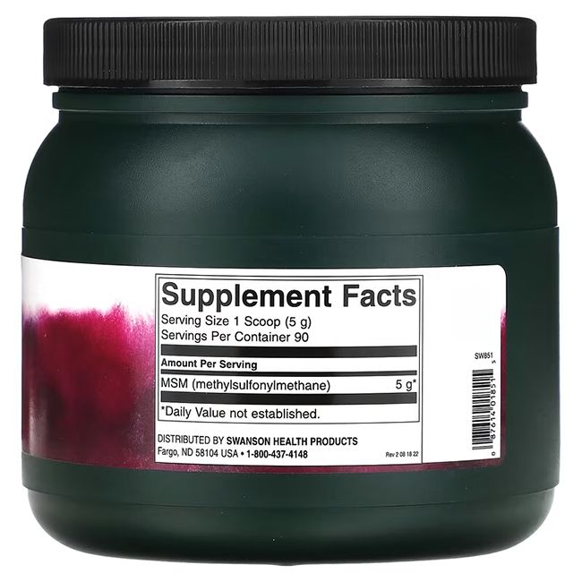 Grünes Behältnis mit schwarzem Deckel. Aufkleber mit Nährwertangaben: MSM (methylsulfonylmethane) 5 g.