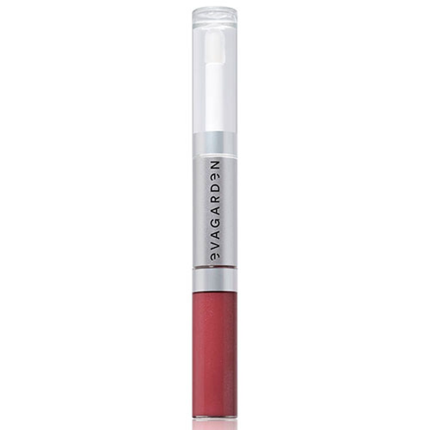 Doppel-Lippenprodukt. Unten: rosa Lippenstift. Oben: transparenter Applikator. Silberne Mitte mit 'evagarden'.