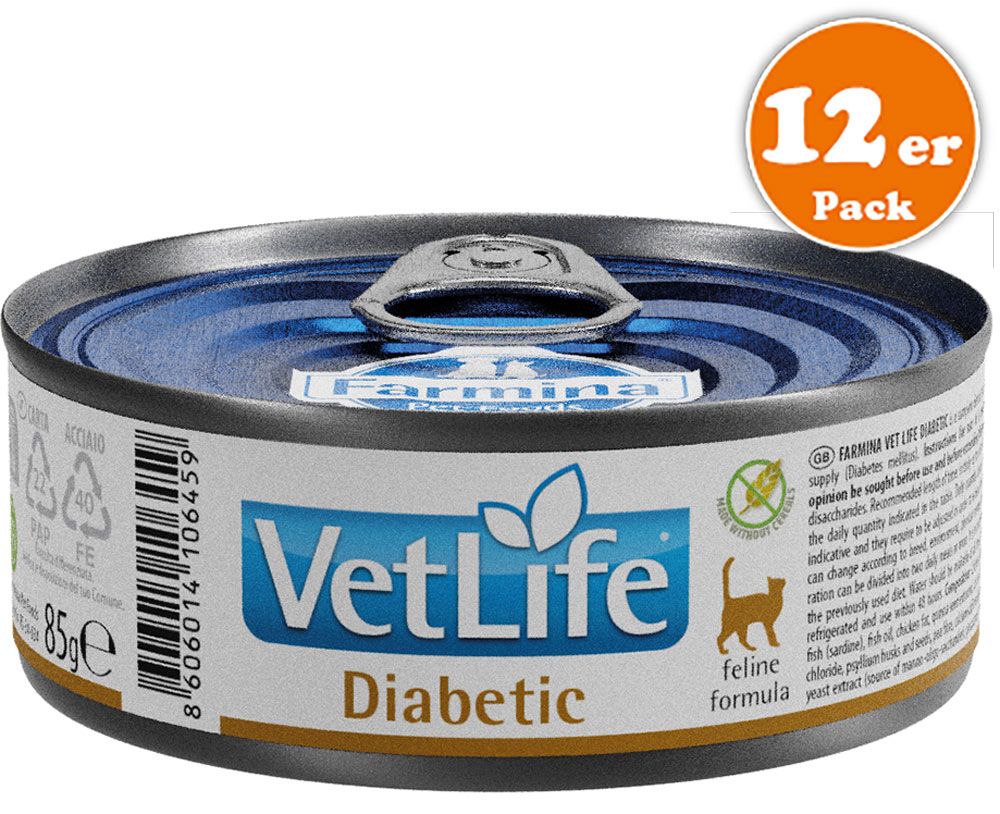 Metall-Dose mit "Vet Life Diabetic"-Etikett. "12er Pack"-Aufkleber. Blaue Deckel, silberner Rand. 85g.