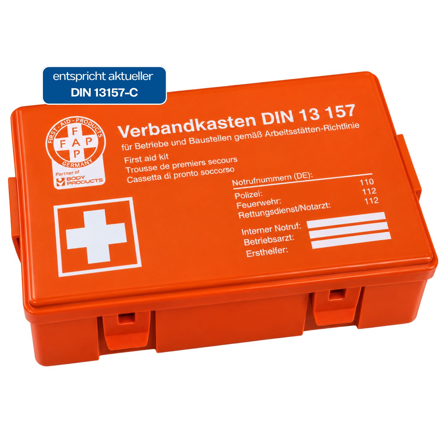 Geschlossener Erste-Hilfe-Koffer Typ C (DIN 13157) in Orange. Mit Aufdruck 'Verbandkasten DIN 13 157'.