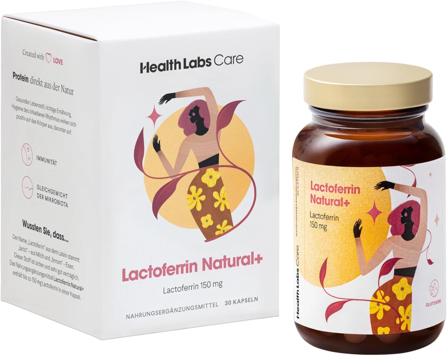 Produktverpackung und Flasche. Aufdruck: Health Labs Care, Lactoferrin Natural+. Abbildung einer Frau. 30 Kapseln.