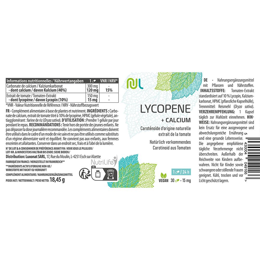 Rückseite der weißen Flasche mit Lycopen + Calcium. Informationen zu Inhaltsstoffen, Dosierung und Nährwerten. Vegan-Siegel.