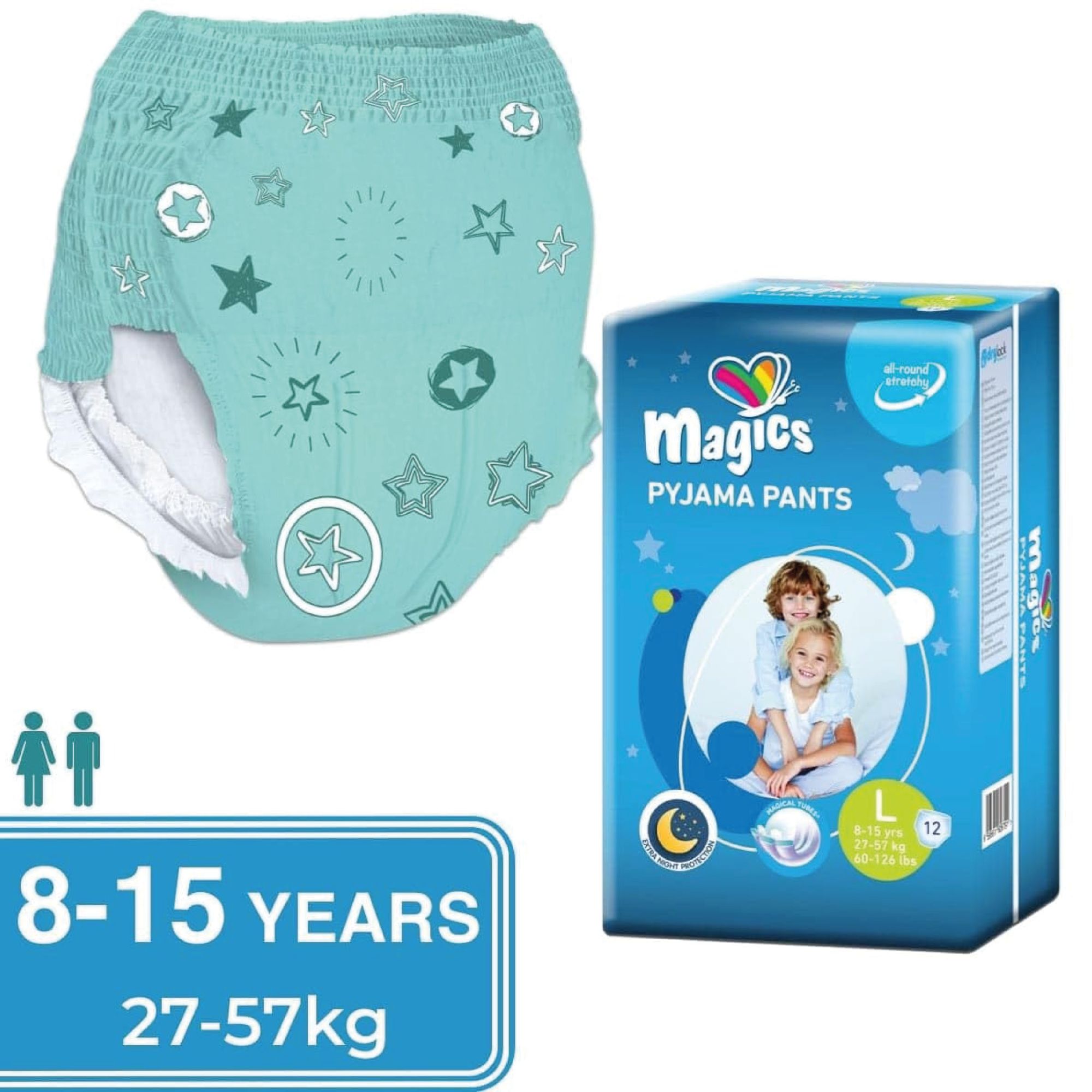 Hellgrüne Pyjamahose mit Sternen und Kreisen. Daneben eine blaue Verpackung mit Magics Pyjama Pants. Größe L, 8-15 Jahre.