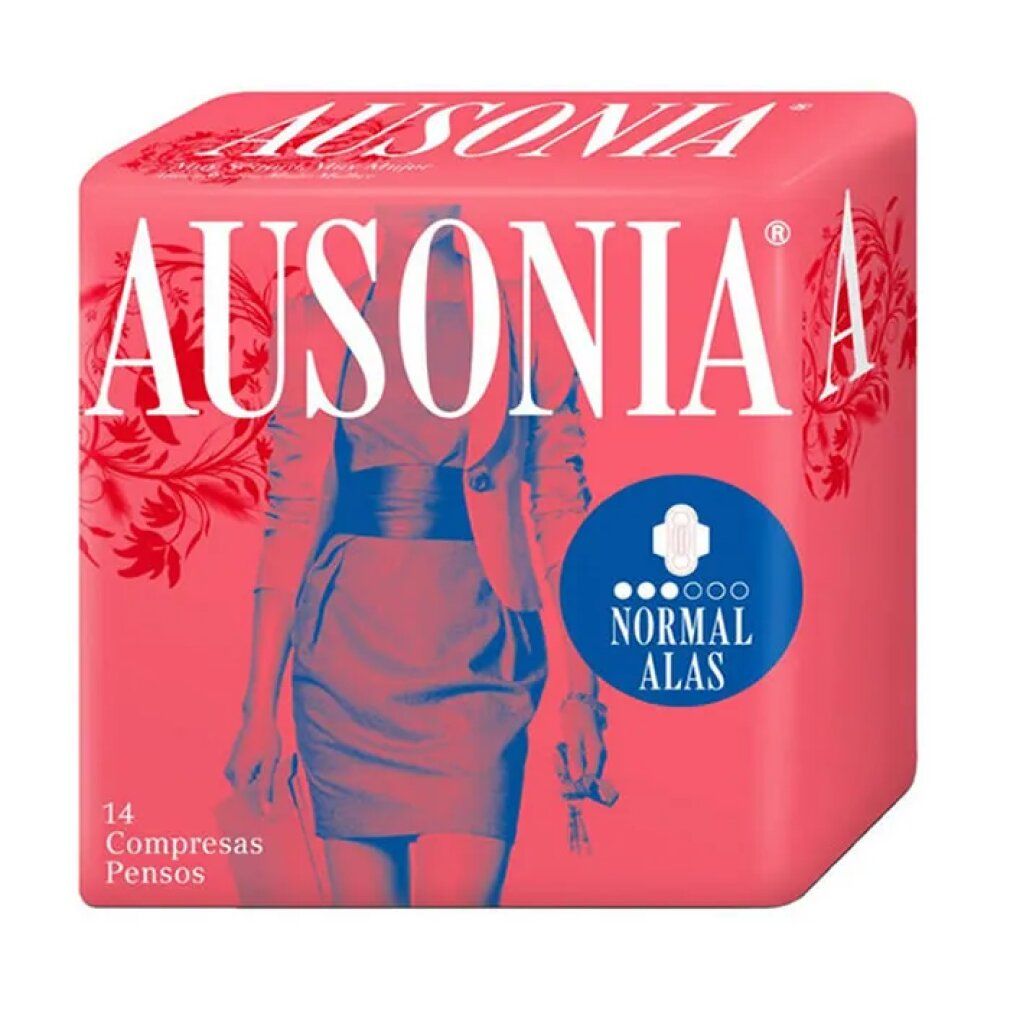 Ausonia Damenbinden, Normal, mit Flügeln, 14 Stück. Rosa Verpackung mit Logo und Illustration.