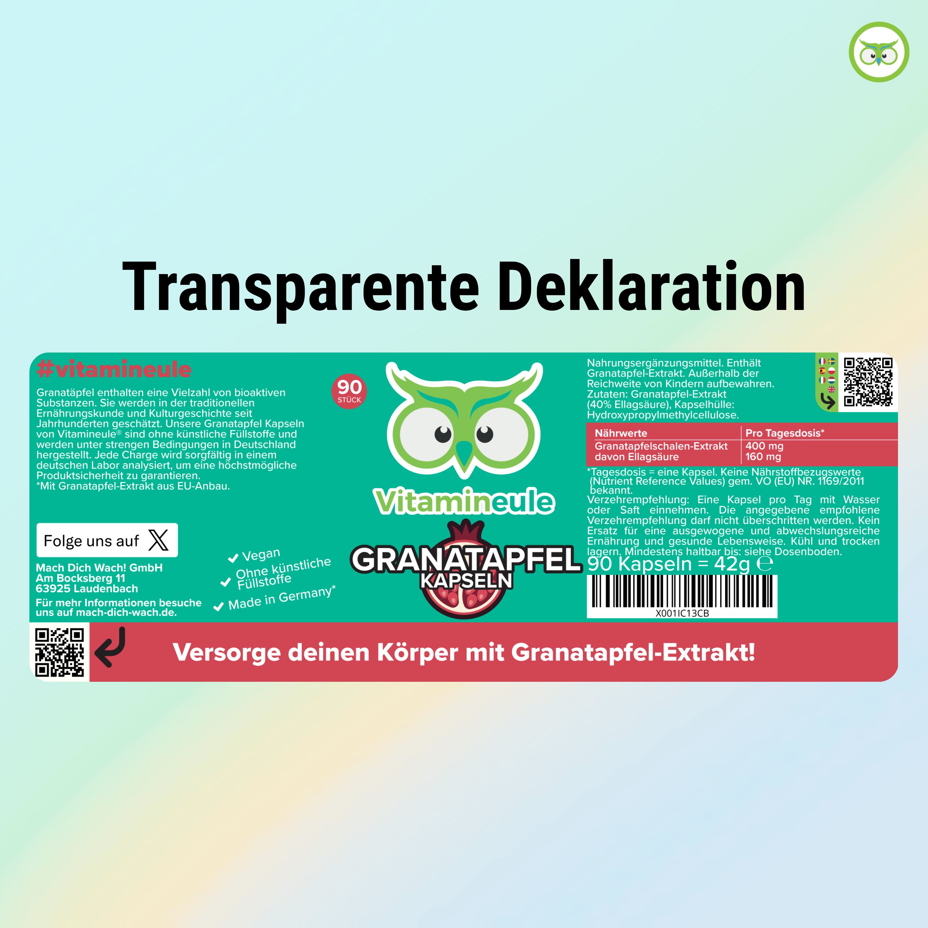 Etikett mit Informationen: Vitamineule, Granatapfel Kapseln, 90 Kapseln. Enthält Informationen zu Inhaltsstoffen und Nährwerten.
