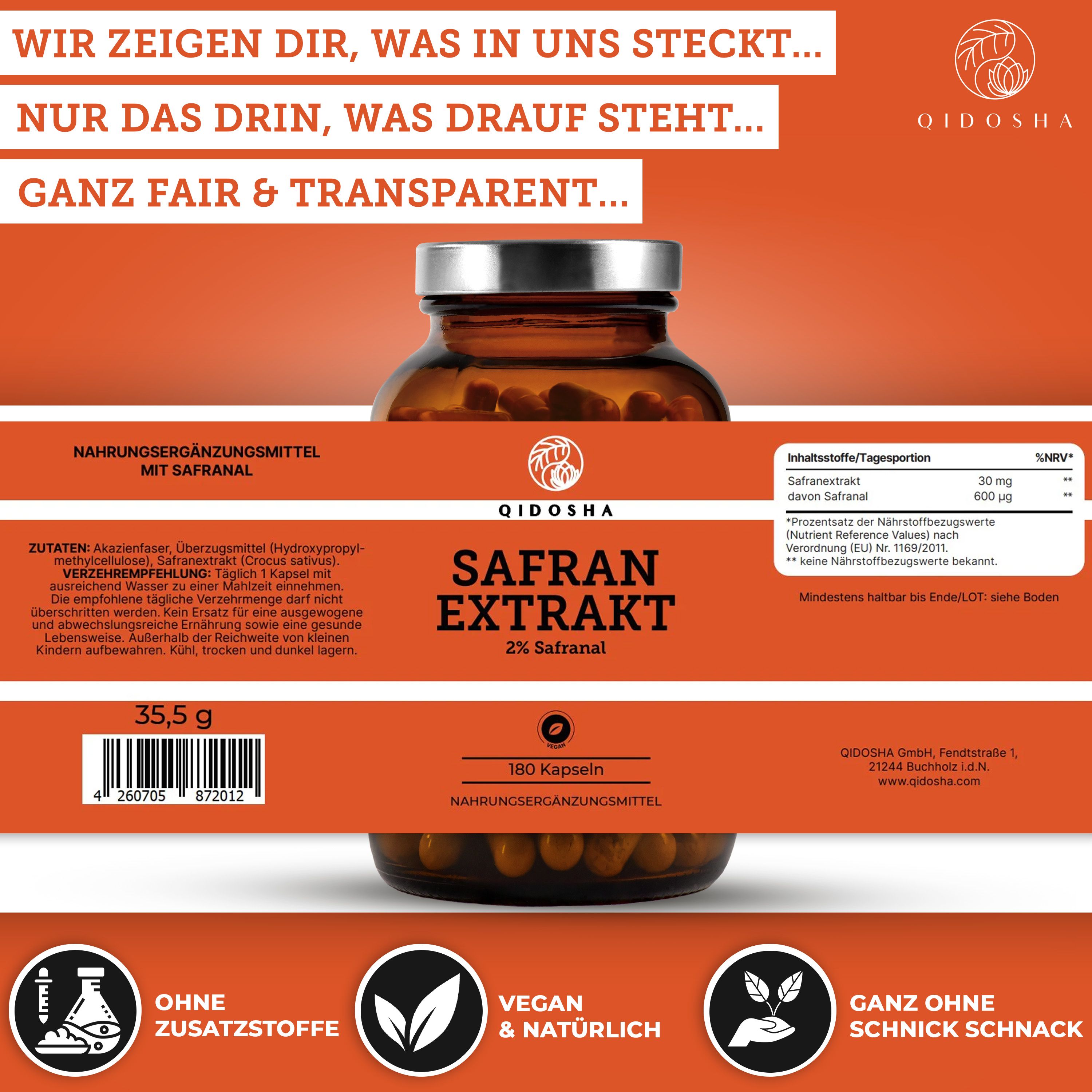 Glasflasche mit Kapseln, daneben Text und Icons. Aufschrift: QIDOSHA Safran Extrakt, 2% Safranal, 180 Kapseln. Vegan.