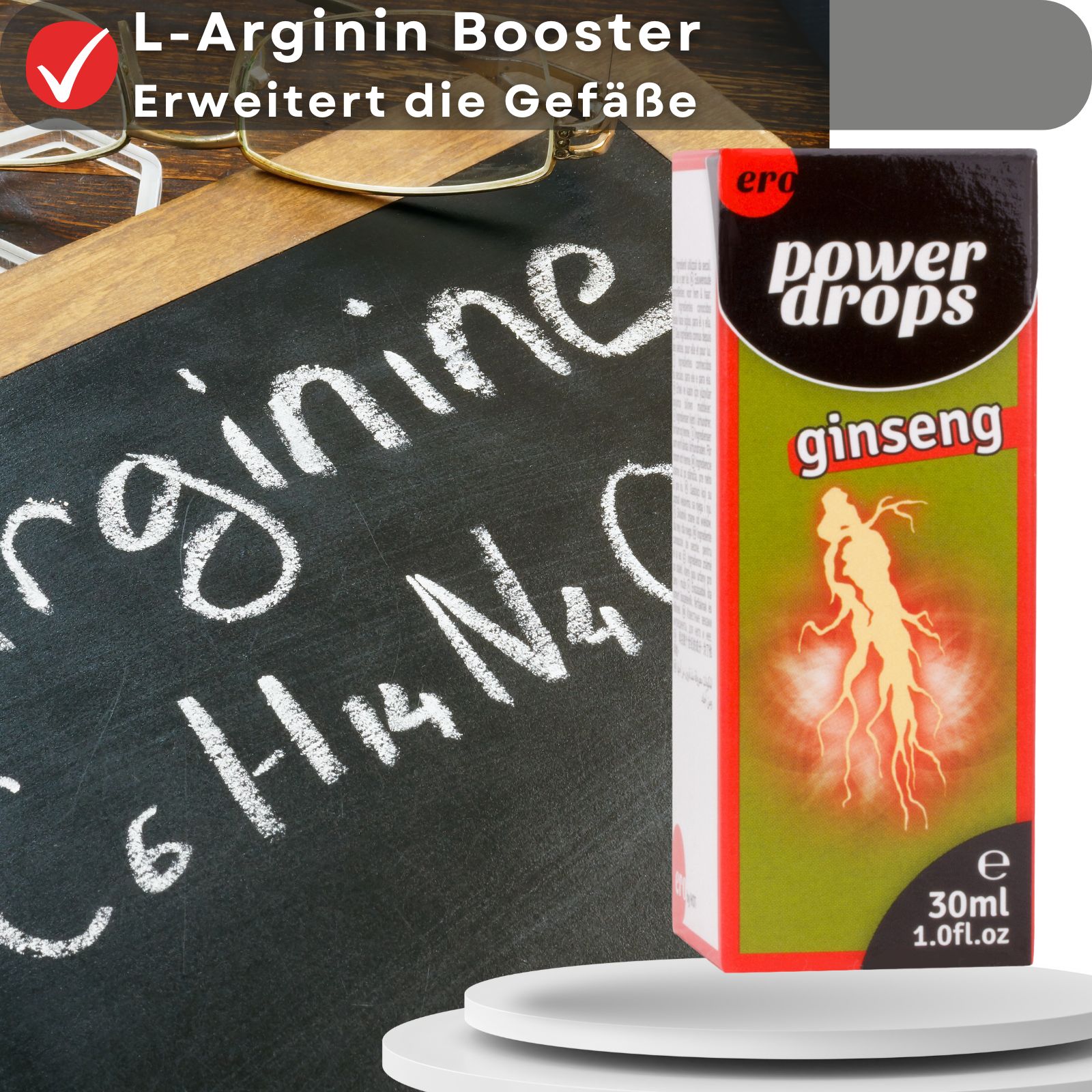 Produkt Ginseng Power Drops und Verpackung. Aufschrift: Power Drops, Ginseng, 30ml, 1.0fl.oz. Marke: ero. Hintergrund: Tafel mit Text.