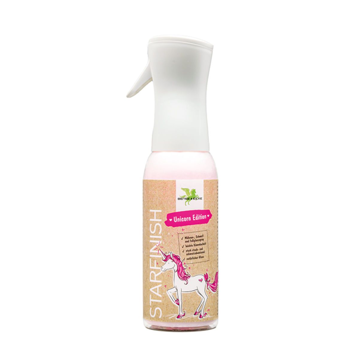 Rosa Flasche mit weißem Sprühkopf. Aufschrift STARFINISH und Unicorn Edition. Etikett mit Einhorn-Illustration.