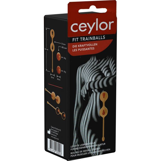 Verpackung mit Produktabbildung. Aufschrift: Ceylor FIT TRAINBALLS. Produktabbildung: zwei goldfarbene Kugeln mit Stiel.