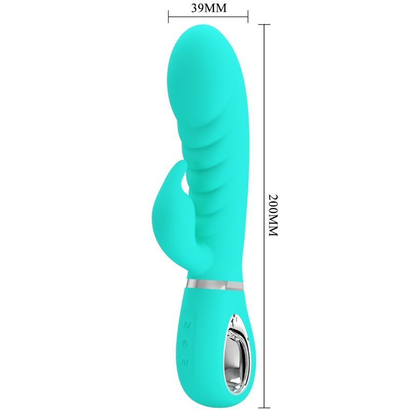 Türkisfarbener Vibrator mit länglicher Form. Abmessungen: 200 mm lang, 39 mm breit.