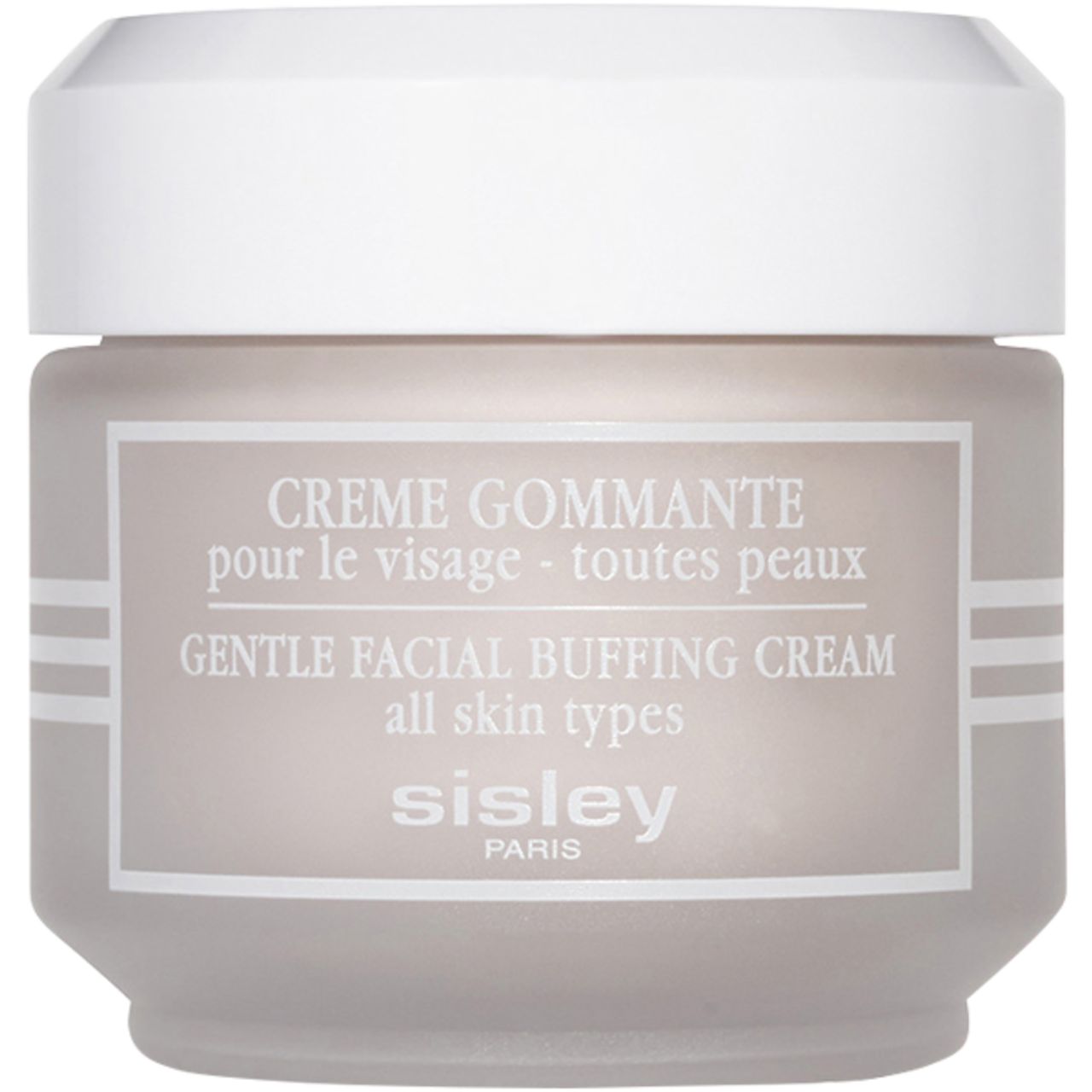 Beige Tiegel mit weißem Deckel. Etikett mit Text: Creme Gommante pour le visage, Gentle Facial Buffing Cream, Sisley Paris.
