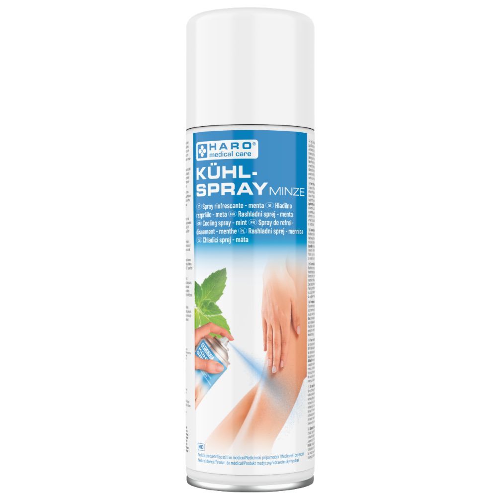 Sprühdose mit weißem Deckel. Aufschrift: KÜHL-SPRAY MINZE. Darstellung einer Hand, die auf ein Bein sprüht.