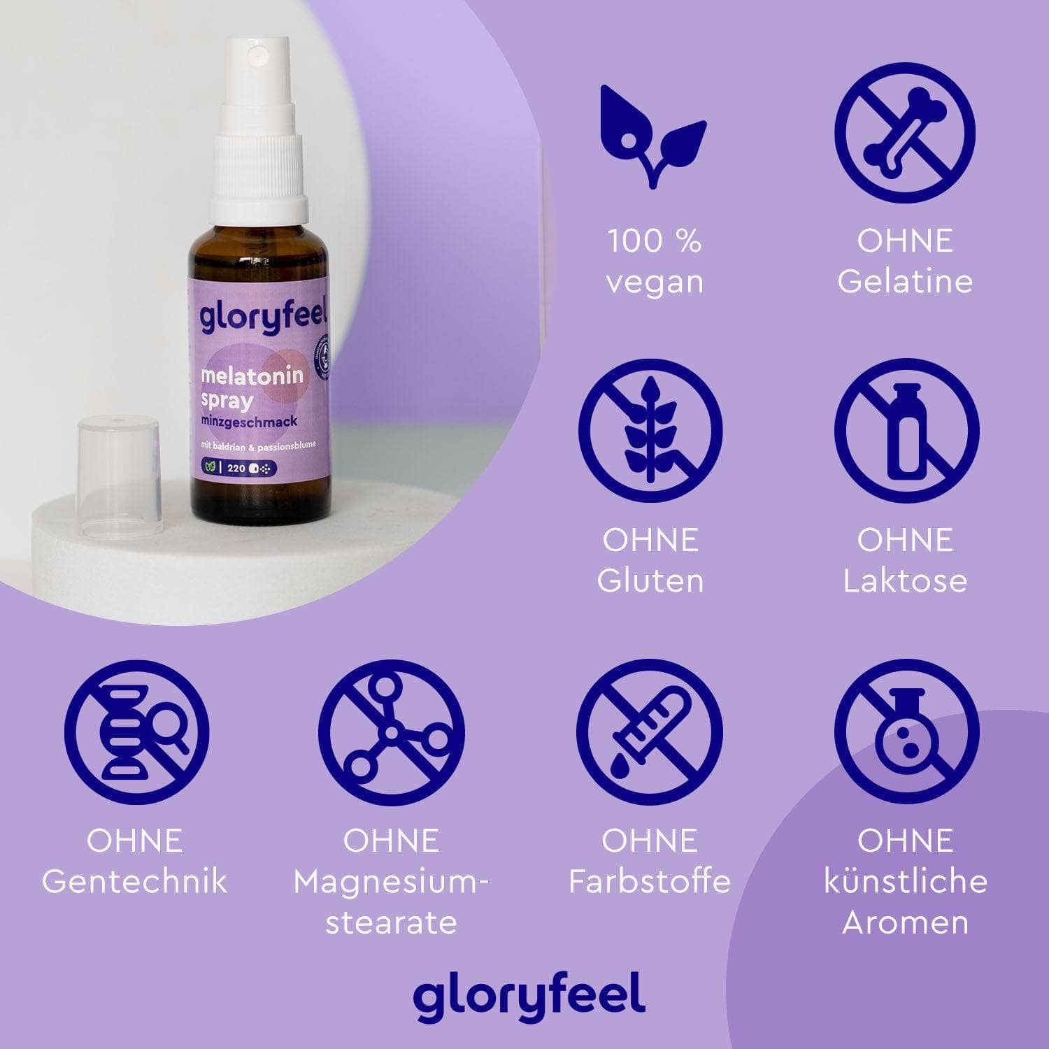 gloryfeel® Melatonin + Baldrian, Lavendel + Melissen Extrakt Spray Minze