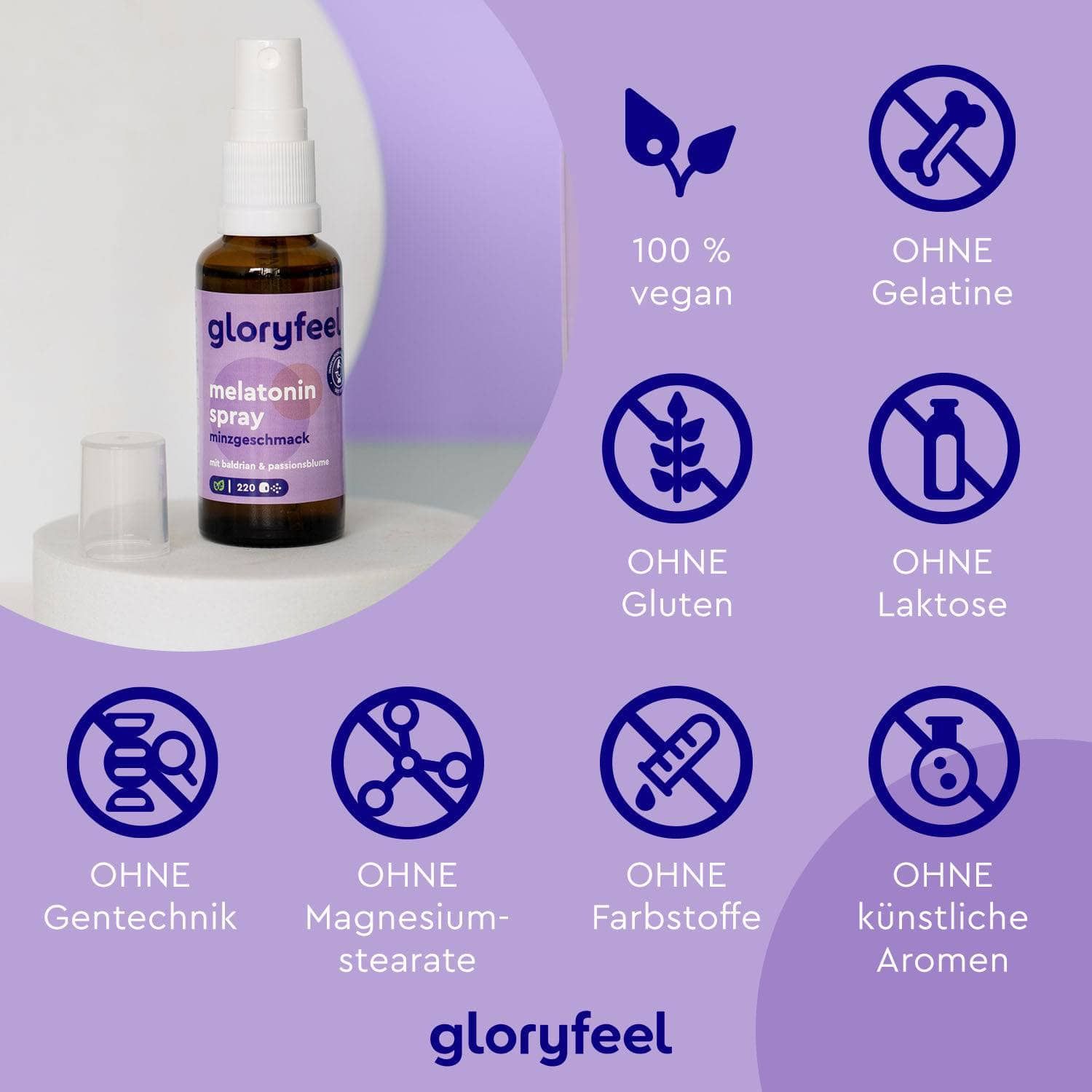 gloryfeel® Melatonin + Baldrian, Lavendel Melissen Extrakt Spray Minze 220 St Mundspray