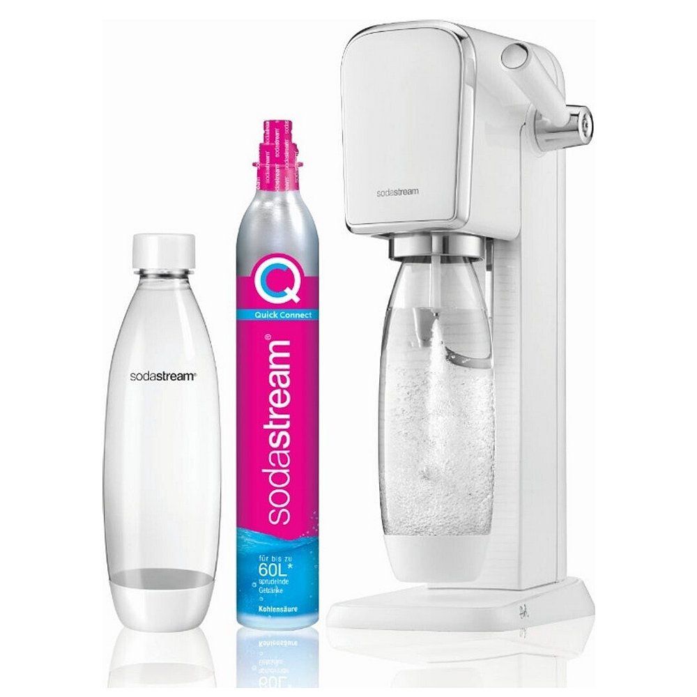 Weiße SodaStream Art Wassermaschine mit leerer Flasche und CO2-Zylinder.
