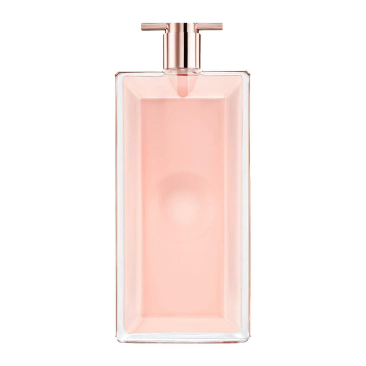 Rechteckiger Flakon mit rosa Flüssigkeit. Roségoldfarbener Sprühkopf. Klarer Glasflakon.