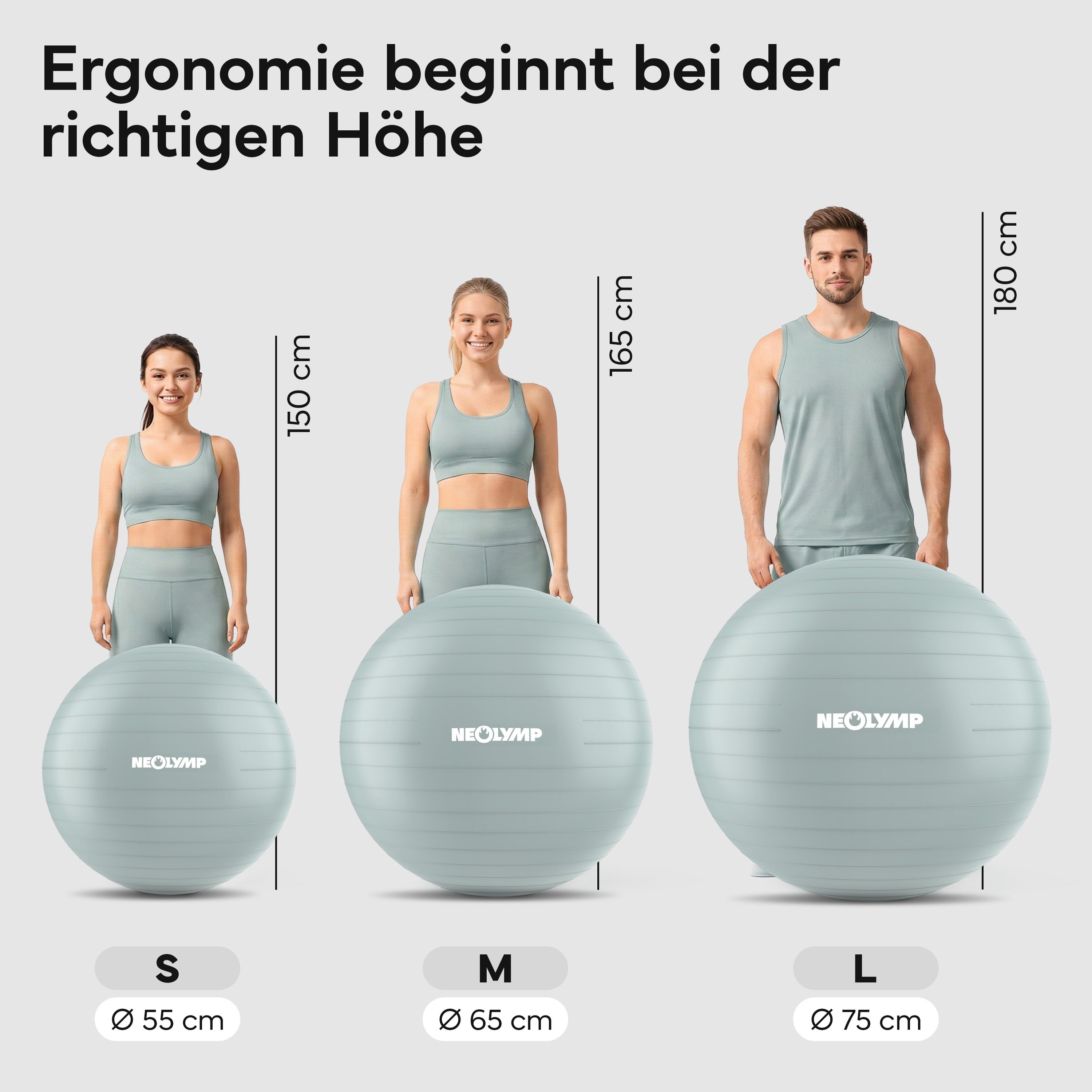 Drei Gymnastikbälle in Größen S, M, L mit Größenangaben.