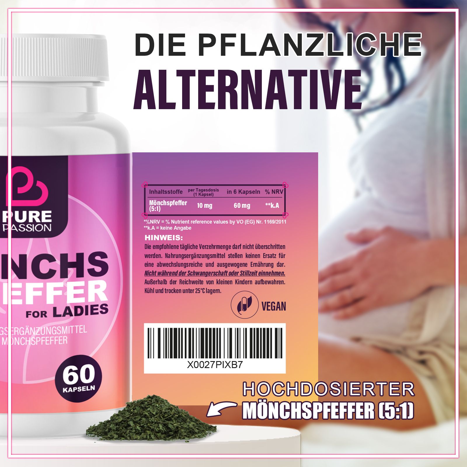Produktfläschchen mit Kräutern. Text: Die pflanzliche Alternative, 60 Kapseln, hochdosierter Mönchspfeffer (5:1).