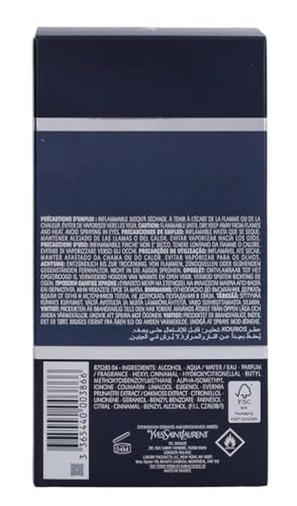 Rückseite der Verpackung. Text in mehreren Sprachen. Yves Saint Laurent Logo. Barcode und Recycling-Symbol.