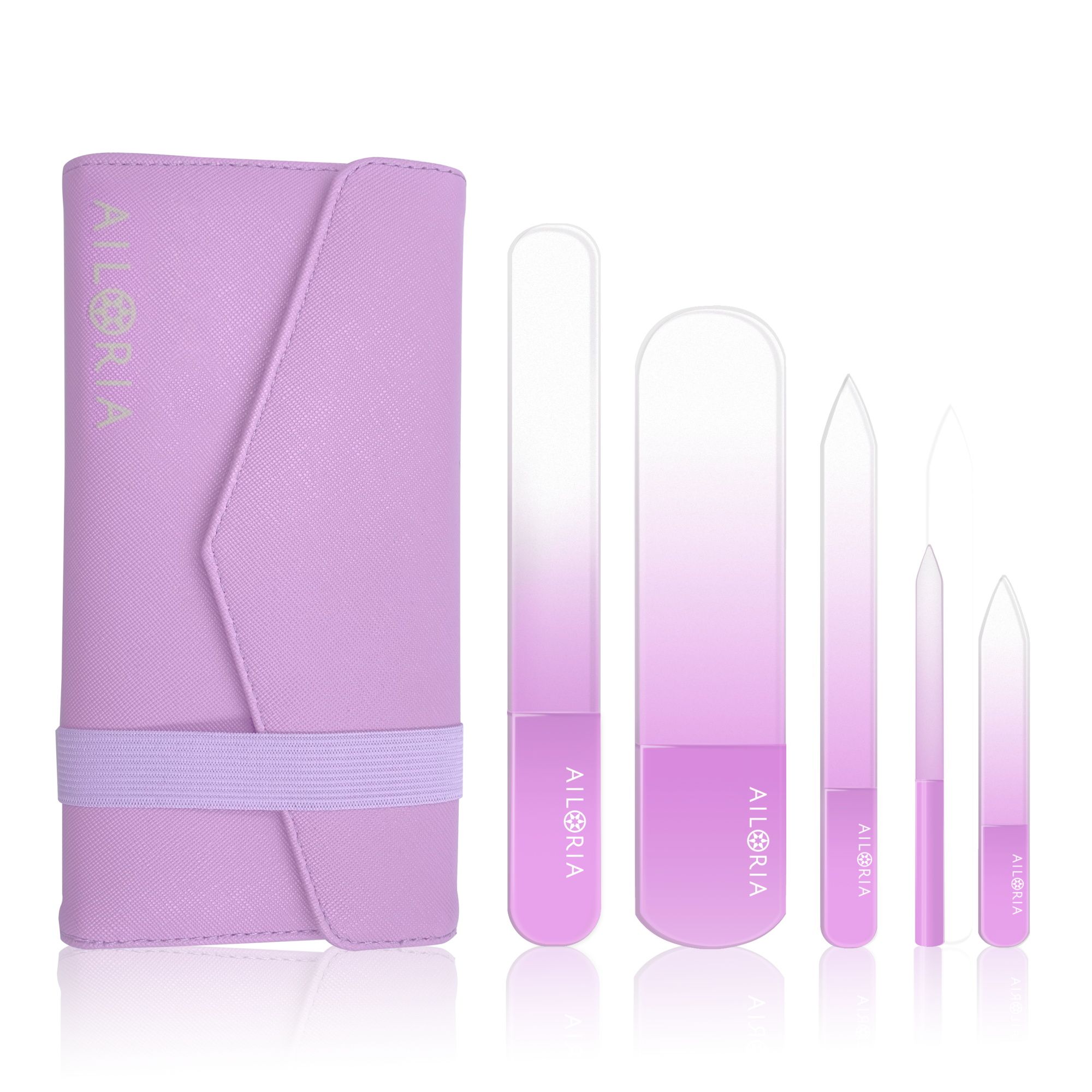 Set mit Glasnagelfeilen und Etui. Feilen in verschiedenen Formen und Größen, mit Farbverlauf. Etui aus Kunstleder.