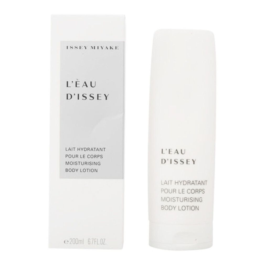 Weiße Körperlotion-Tube und -Verpackung. Aufschrift: L'EAU D'ISSEY, LAIT HYDRATANT POUR LE CORPS, MOISTURISING BODY LOTION.