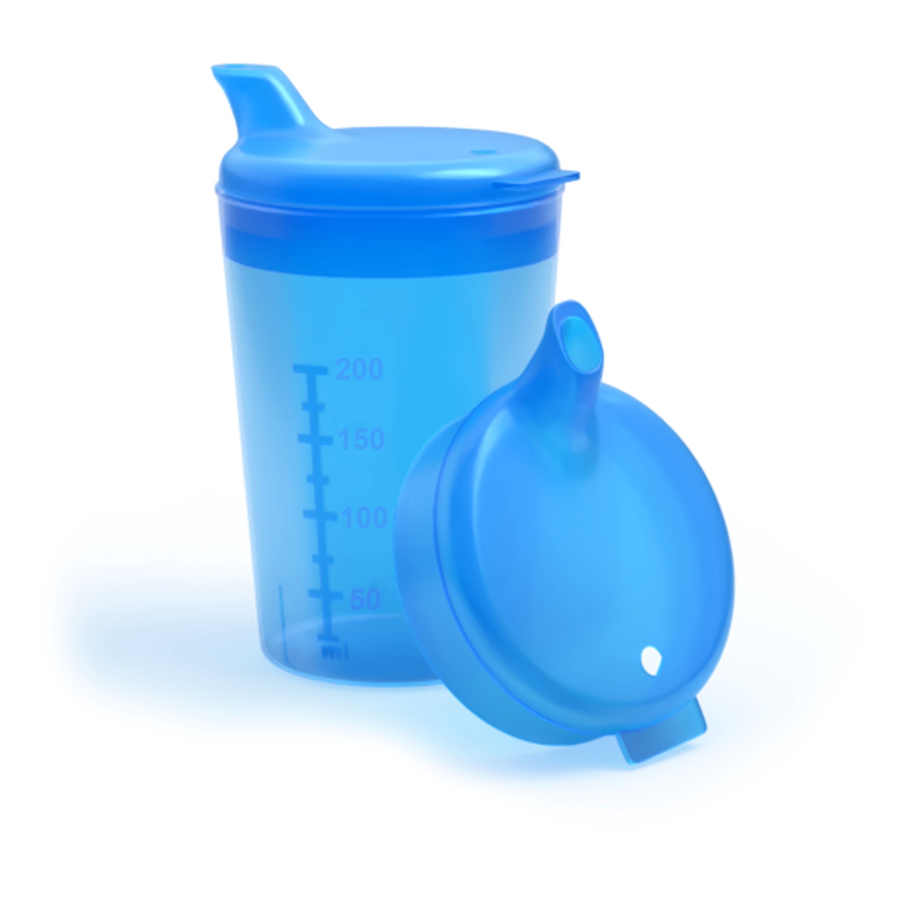 Blauer Schnabelbecher mit zwei Deckeln. Ein Deckel ist abgenommen. Der Becher hat eine Messskala und einen Ausguss.