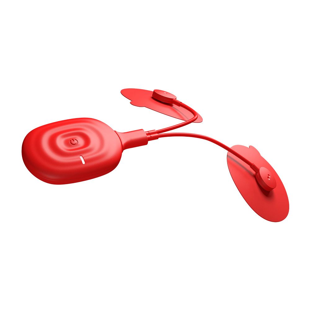 Rotes, ovales Gerät mit zwei angeschlossenen, runden Pads. Ein Pad ist rund, das andere ist rechteckig.